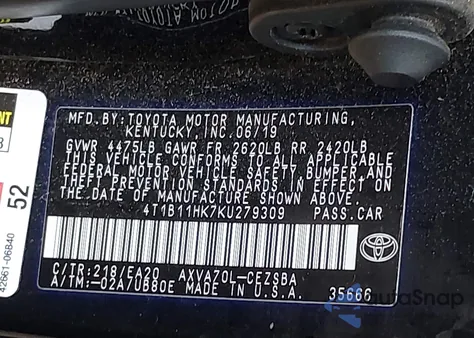 2019 Toyota Camry Se z USA, uszkodzony, nr VIN 4T1B11HK7KU279309